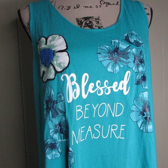 Est 1946 Sleeveless Blouse L Blessed Beyond Measure Floral Green Teal - Picture 4 of 14